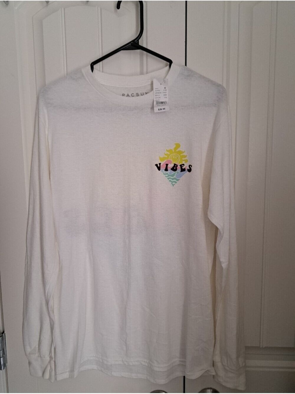 PacSun White Long-Sleeve 'VIBES' Graphic Tee Beachy Sun & Waves Casual Top Men S